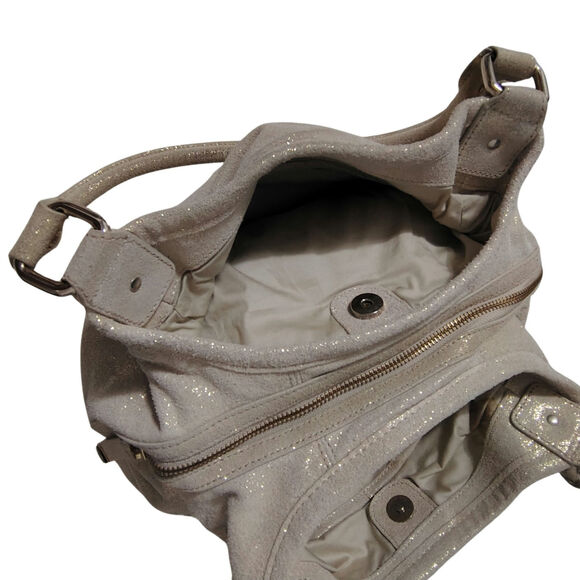 Suede Leather Metallic Cream Gold Speckled Calvin Klein Shoulder Bag Top Handle - Picture 8 of 10